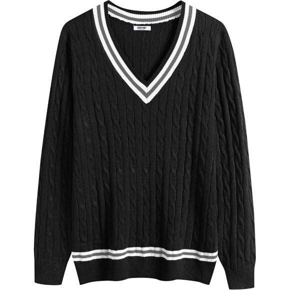Men's V Neck Sweater Long Sleeve Cable Knit Sweater Pullover Slim Fit Ink Black - Picture 7 of 7